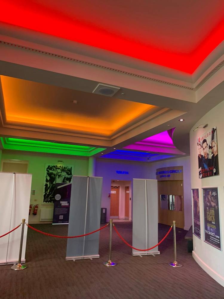 Towngate Theatre: Main foyer in rainbow mode